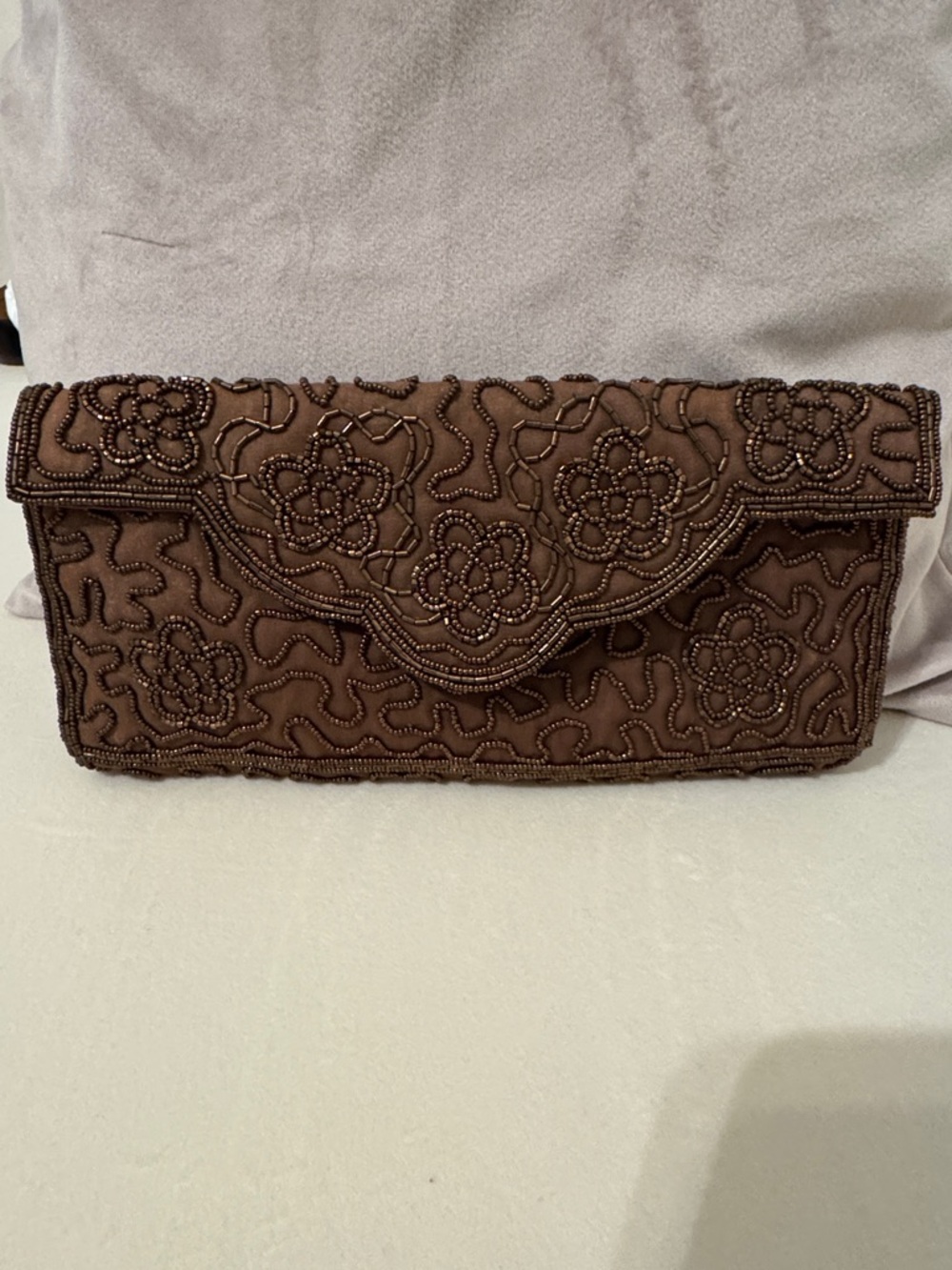 Beaded Floral Brown Clutch Bag - Elegant Evening wear- vintage made in Japan